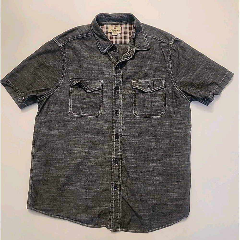 Woolrich Mens Large Gray Cotton Short Sleeve Button Down Shirt Slub Texture
